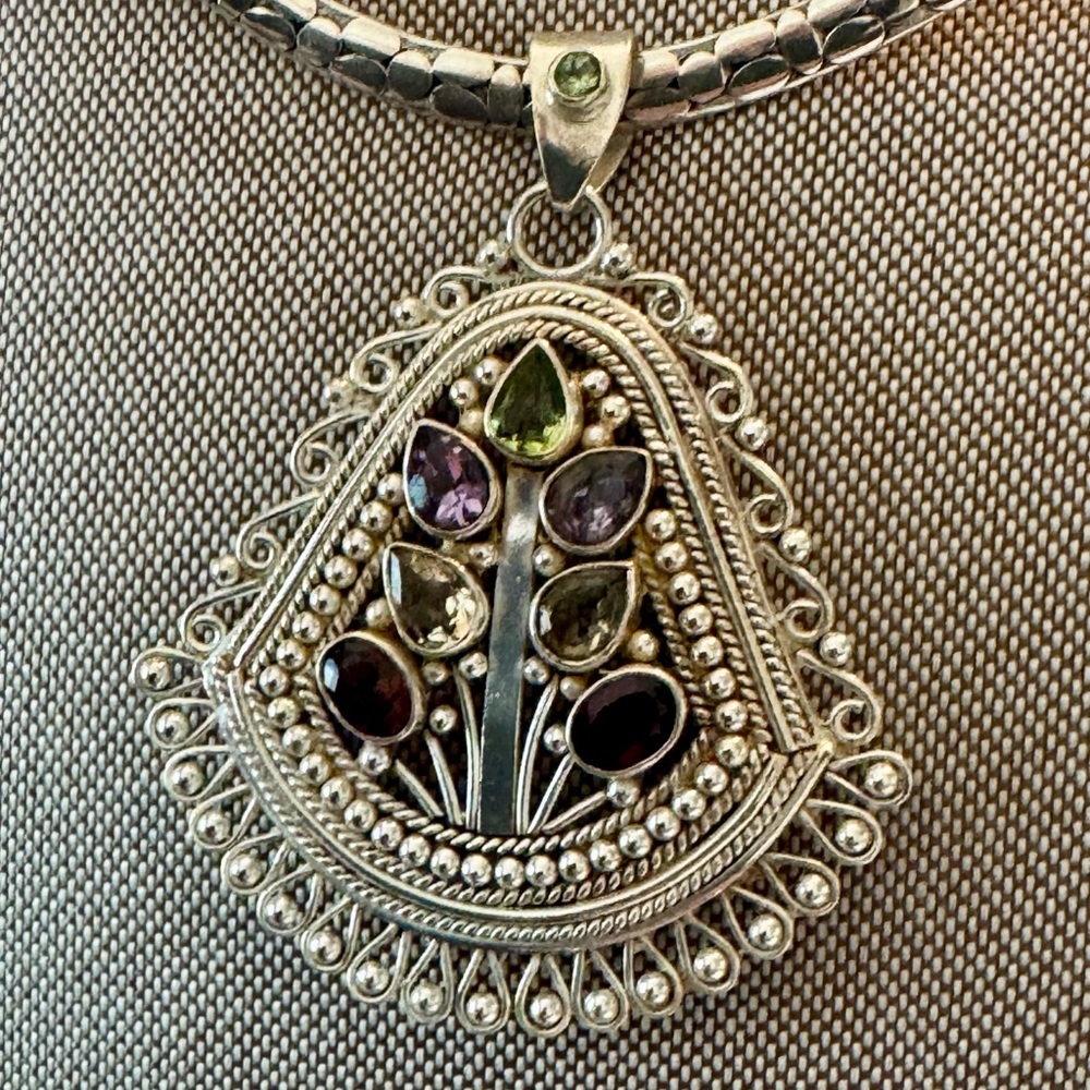 Large Artisan Silver With Multi-Gemstone Pendant - Picture 3 of 8